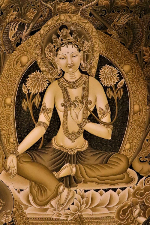 White Tara with 5 Dhyani Buddha Thangka