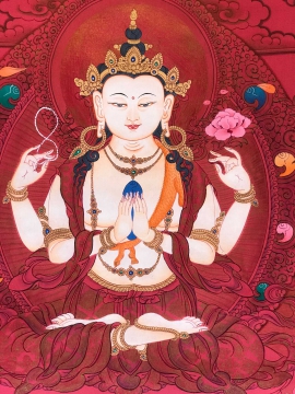 Peinture thangka de Chenrezig avec un fond rouge