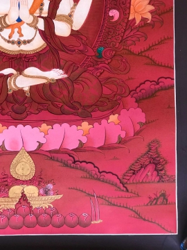 Peinture thangka de Chenrezig avec un fond rouge