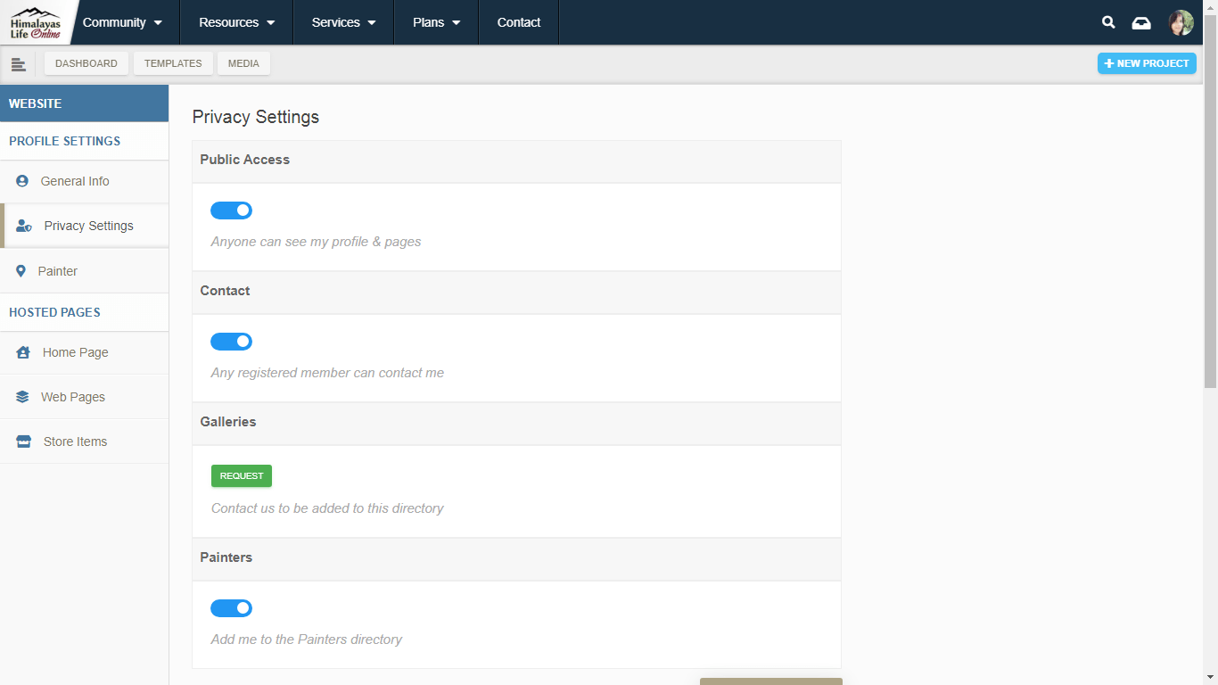 Screenshot of the Privacy Settings