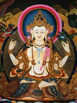 Thangka rituel de Chenrezig tibétain avec Vajrapani