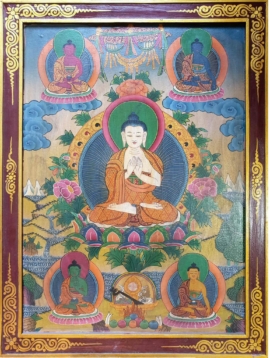 Thangka tibétain de Bouddha Vairocana dans un cadre en bois