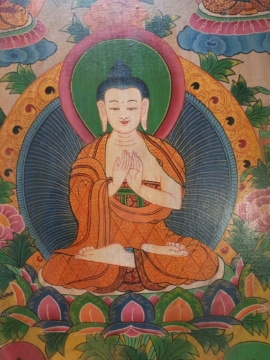 Thangka tibétain de Bouddha Vairocana dans un cadre en bois