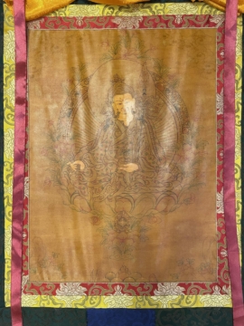 Thangka rituel de Jambhala jaune encadré de soie