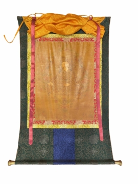 Thangka rituel de Jambhala jaune encadré de soie
