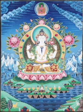Thangka pintado a mano de Chenrezig sobre lienzo de algodón