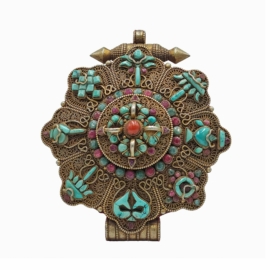 Caja de Ghau de cobre tibetano con diseño de Ashtamangala