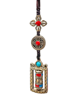 Buddhist Metal Amulet with Double Dorje and Prayer Wheel