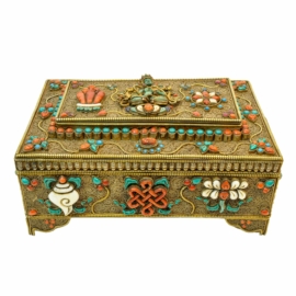 Caja de joyería tibetana de plata con símbolos de Ashtamangala