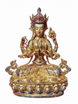 Gold-Plated Copper Chenrezig Statue - 35 cm of Compassion