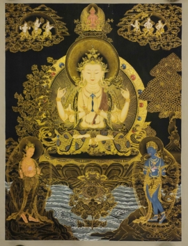 Thangka de Chenrezig sur toile de coton, couleurs minérales