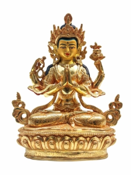 Statue de Chenrezig en cuivre avec visage doré