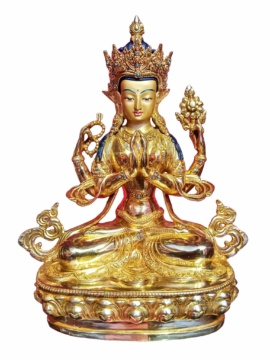 Chenrezig Statue - Copper with Gold-Plated Face and Stone Base