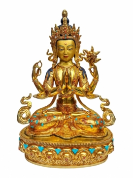 Statue en cuivre plaqué or élégante de Chenrezig - Incarnation de la Compassion