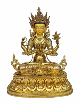 Statue en cuivre de Chenrezig - 49 cm, incarnation de la compassion peinte en or