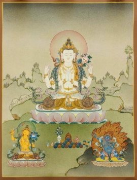 Thangka de Chenrezig en lienzo de algodón con acabado antiguo