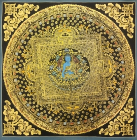 Thangka mandala noir et or sur toile de coton