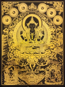 Thangka de Chenrezig con los Pancha Budas en negro y dorado