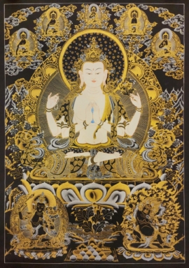 Thangka de Chenrezig de los Pancha Budas, Negro y Dorado