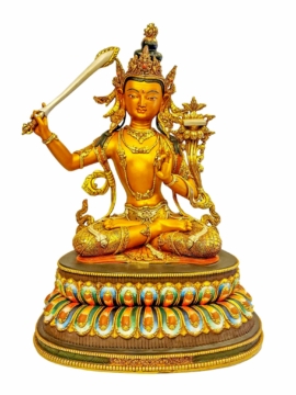 Stunning Manjushri Buddhist Statue with Gold Plating and Masterfully Painted Face.
