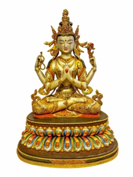 Majestic Chenrezig Statue - Handcrafted Copper with Gold Plating