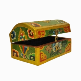 Tibetan Wooden Ritual Box with Intricate Carvings
