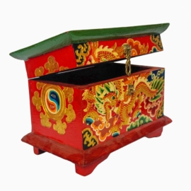 Tibetan Wooden Ritual Box with Intricate Carvings