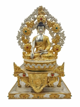Radiant Copper Shakyamuni Buddha Statue on Throne with Gold & Silver Accents