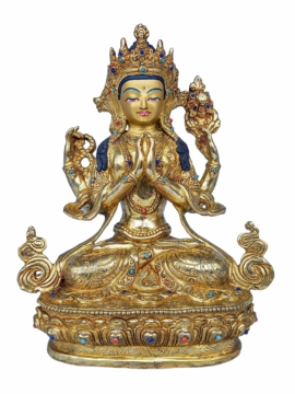 Elegant Chenrezig Statue in Copper with Gold Finishing and Stone Inlay