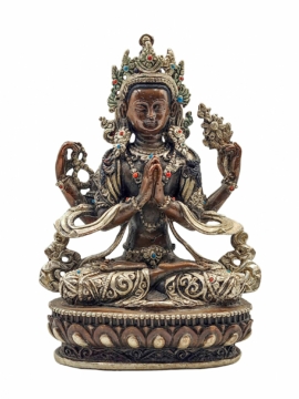 Stunning Silver and Chocolate Oxidized Chenrezig Copper Statue