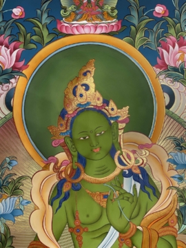 Hand-Painted Green Tara Thangka on Cotton Canvas