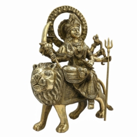 Brass Durga Statue on Lion &ndash; Glossy Finish, 30 cm