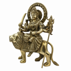 Brass Durga Statue on Lion &ndash; Glossy Finish, 30 cm
