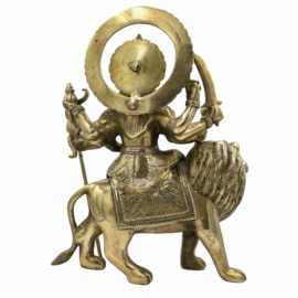 Brass Durga Statue on Lion &ndash; Glossy Finish, 30 cm