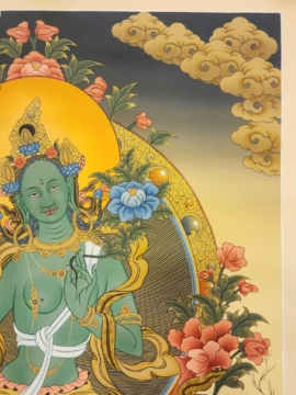 Green Tara Thangka on Cotton Canvas with Gold