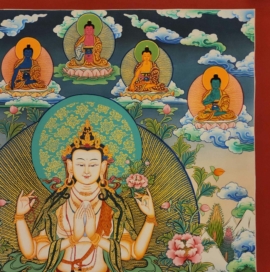 Chenrezig Thangka on Cotton Canvas with Pancha Buddha