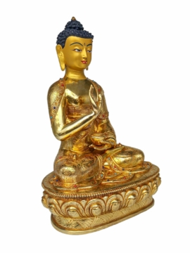 Statue en cuivre du Bouddha Amoghasiddhi avec visage plaqué or et accents en pierre