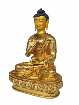 Statue en cuivre du Bouddha Amoghasiddhi avec visage plaqué or et accents en pierre
