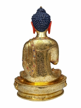 Statue en cuivre du Bouddha Amoghasiddhi avec visage plaqué or et accents en pierre