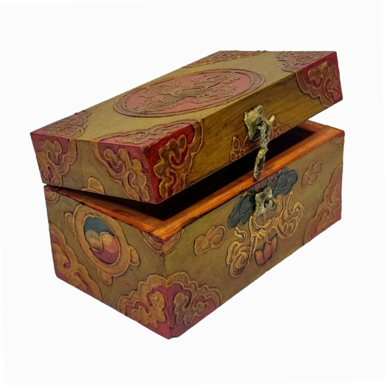 Tibetan Wooden Ritual Box with Traditional Painting