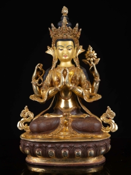 Statue de Chenrezig - Cuivre avec Visage Doré