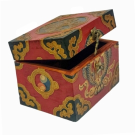 Caja de madera tibetana con pintura tradicional en color