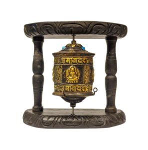 Wood and Brass Wall Prayer Wheel with Mantras