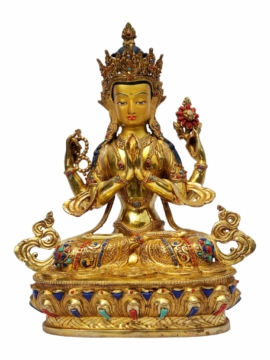 Estatua de Chenrezig Dorada - Bodhisattva de la Compasión, Artesanía en Cobre