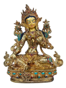 Handcrafted Green Tara Statue in High-Quality Copper with Gold-Plated Face