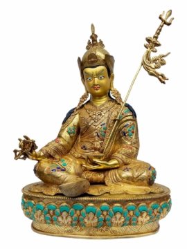 Padmasambhava Copper Statue - Gold Plated, Painted Face, 48 cm