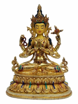 Estatua de Cobre de Chenrezig - Bodhisattva de la Compasión con Rostro Pintado y Montura de Piedras