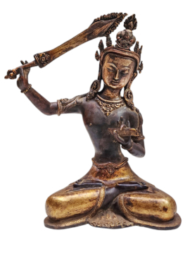Antique Gold-Plated Manjushri Statue – Wisdom Buddha with Insight Sword