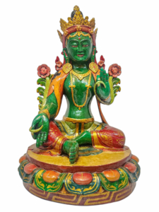 Handcrafted Green Tara Wooden Statue - Goddess of Compassion and Protection
