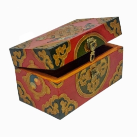Caja ritual de madera tibetana con pintura tradicional